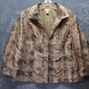 Chicos Textured Geometric Jacquard Jacket Neutral Grey Taupe Hook Eye Size 2 L